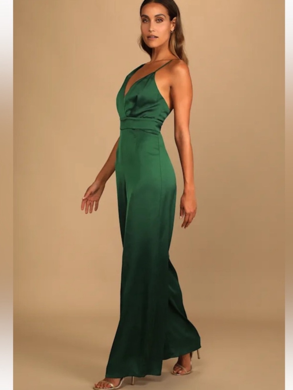 Lulus Emerald Green Satin Spaghetti-Strap Evening Wide Leg Jumpsuit Sz Large